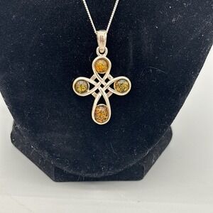 Vintage Sterling Silver and Amber Cross‎ Necklace Celtic Cross